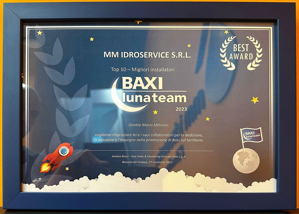 Certificato Top 10 Migliori Installatori 2023 BAXI lunateam